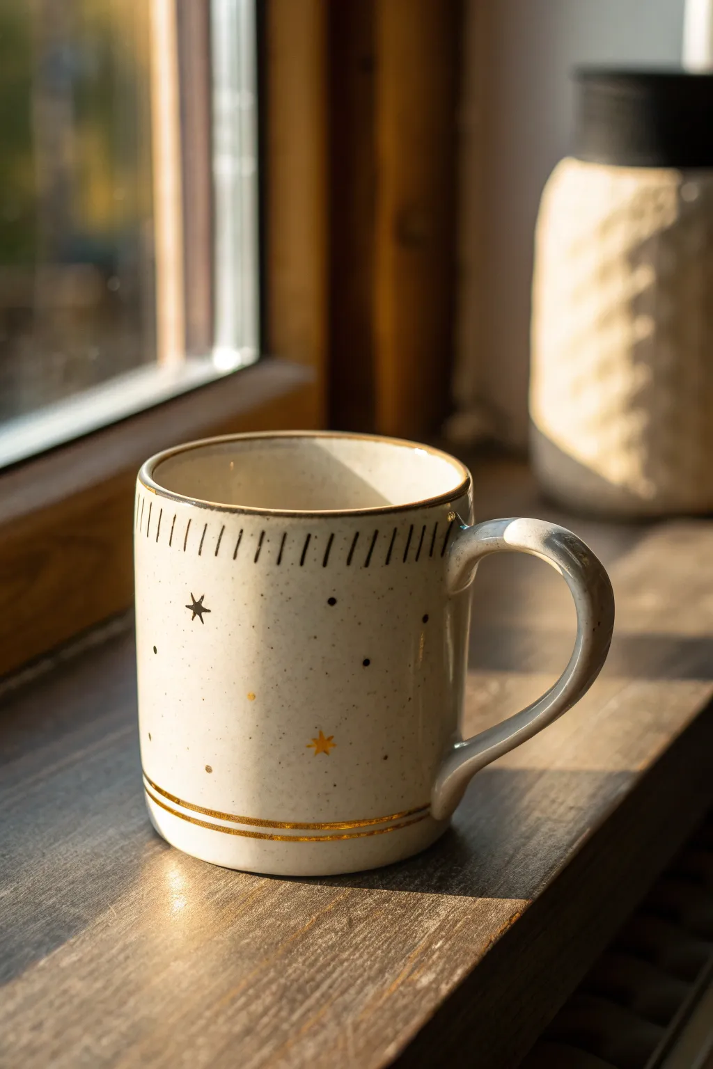 Minimal DIY mug with tiny metallic accents and bold black details, glowing in warm light
