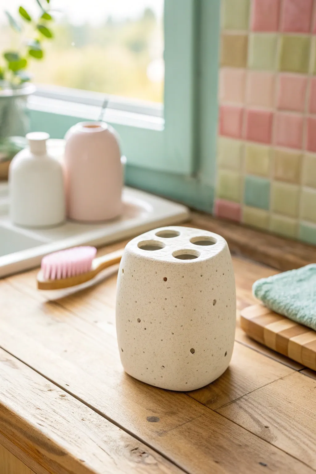 Sweet tooth-shaped clay stand with simple holes, a minimalist DIY that brightens any bathroom