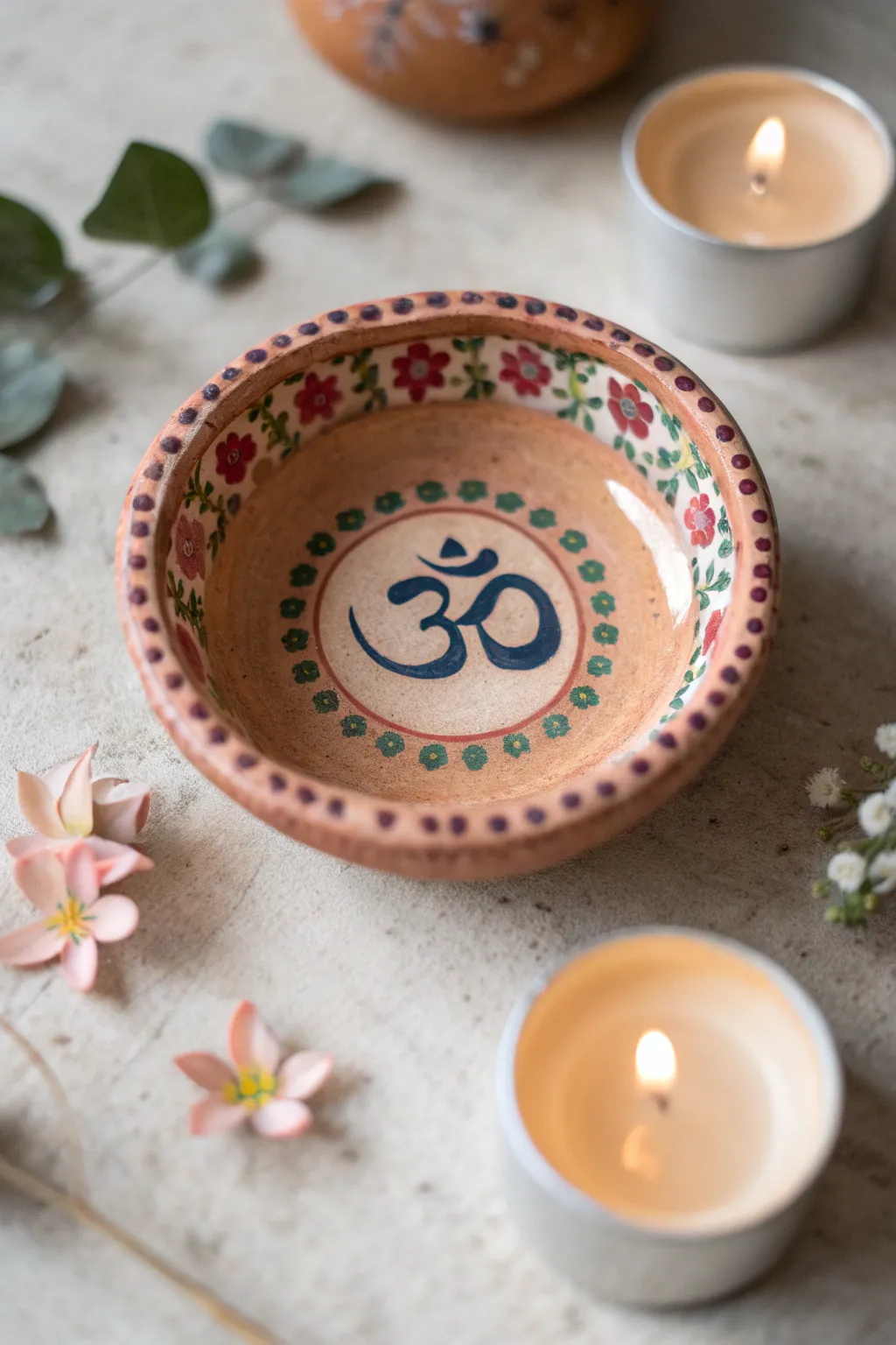 Minimal Om diya with a simple floral border, Scandinavian boho palette, perfect matching set inspo