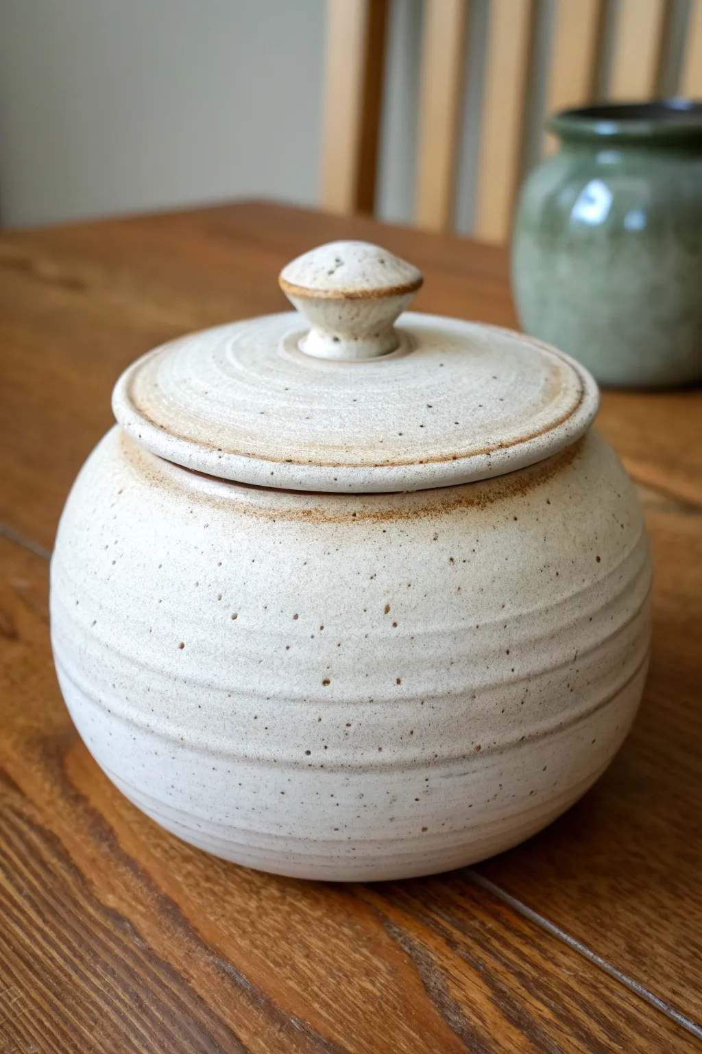 Minimal lidded trinket jar from a sliced double pinch pot, calm Nordic tones and soft contrast