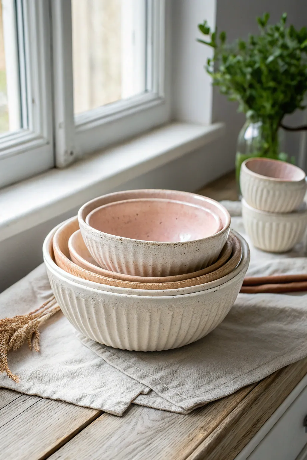 Nested drape bowls in soft neutral glazes, a minimalist set with cozy boho texture.