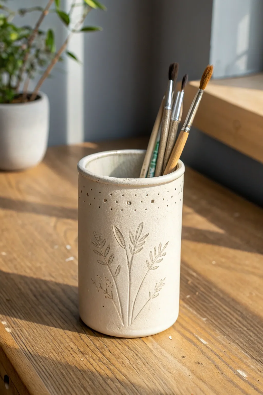 Matte air-dry clay cup with simple pressed pattern, holding brushes and pencils in calm style.
