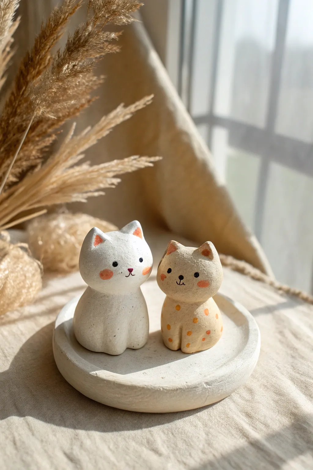 Cute chibi clay cat and dog tiny pals, minimalist neutral tones with cozy handmade charm.