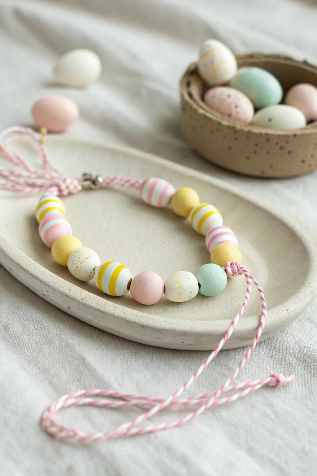 Striped pastel color-block clay bead bracelet inspired by decorated Easter eggs