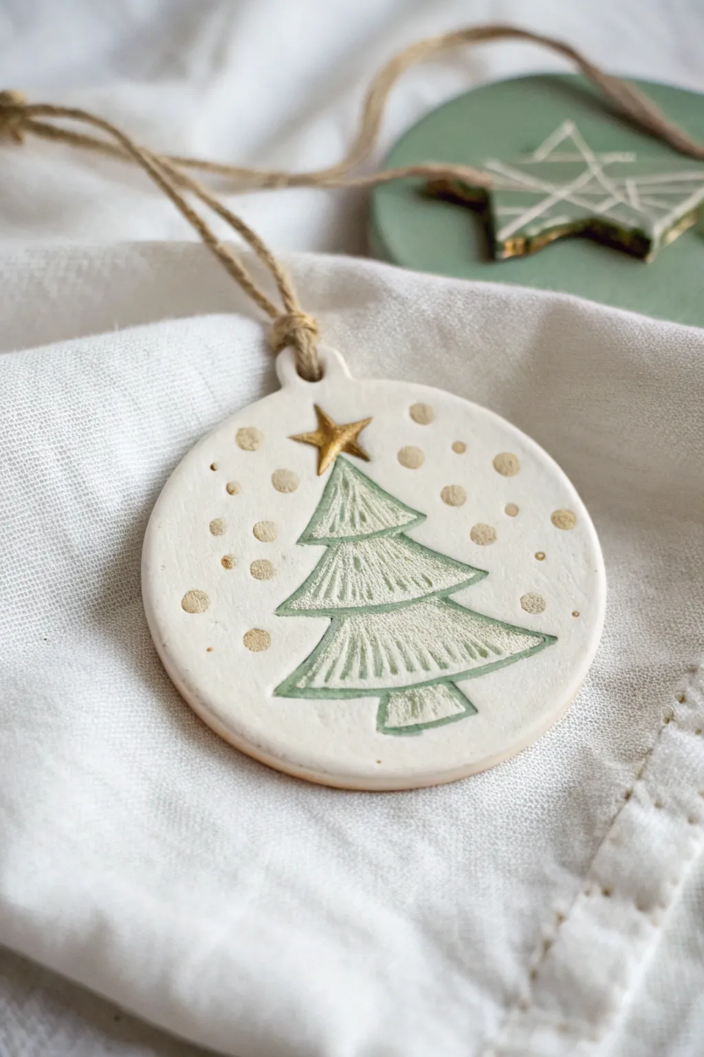 Minimal air-dry clay thumbprint tree ornament, a sweet keepsake for a cozy Christmas.
