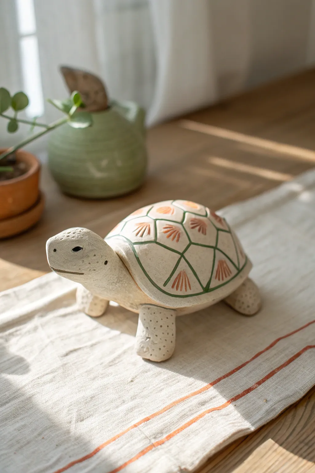 Minimal air dry clay turtle with an easy patterned shell, soft neutrals and cozy boho vibes.