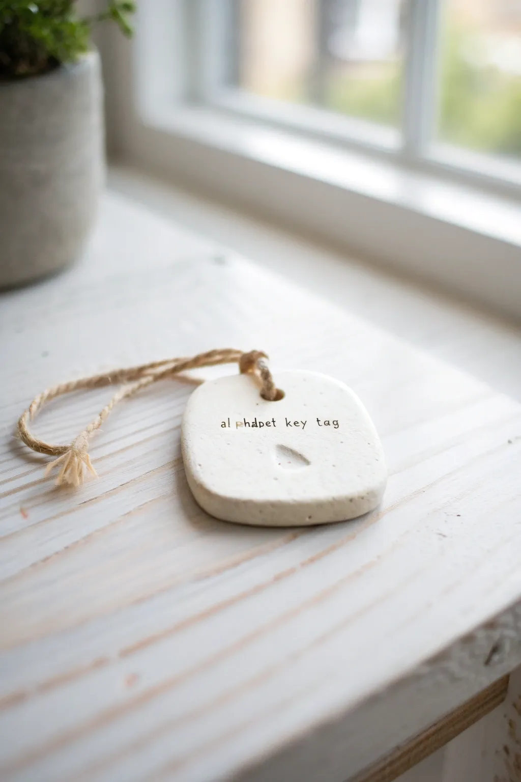 Minimalist air dry clay alphabet key tag with stamped initial, linen cord, bright Nordic styling.