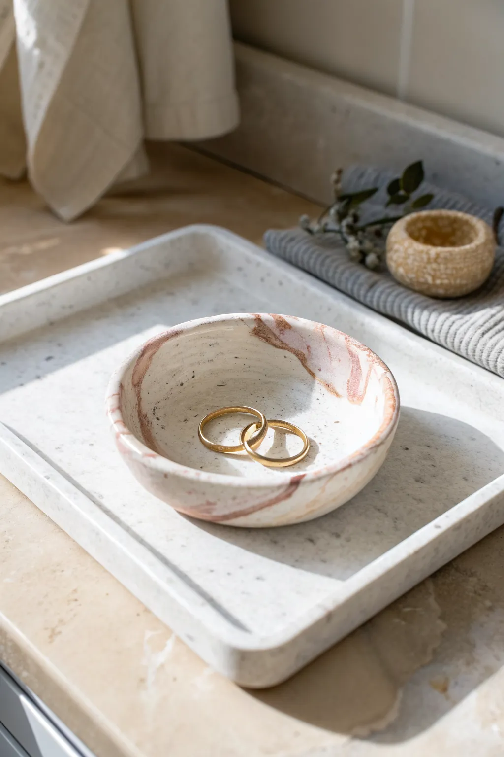 Easy-bake clay pinch-pot ring dish in soft marble tones, perfect for daily jewelry drop.