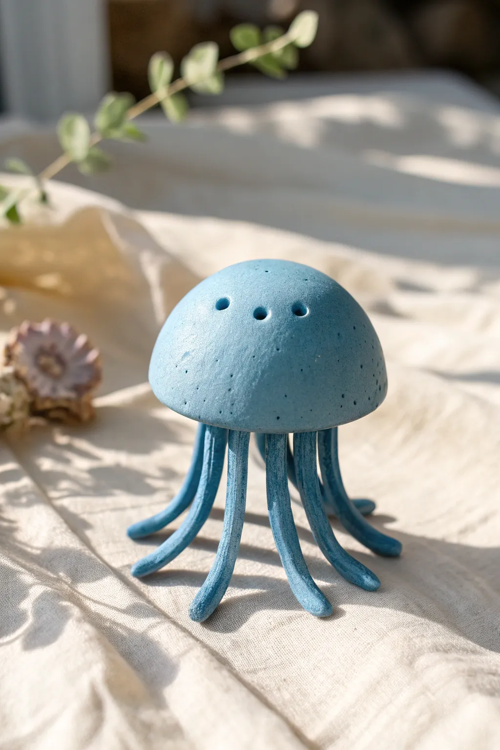 Tiny blue clay jellyfish with short tentacles, minimalist and cute for easy beginner projects
