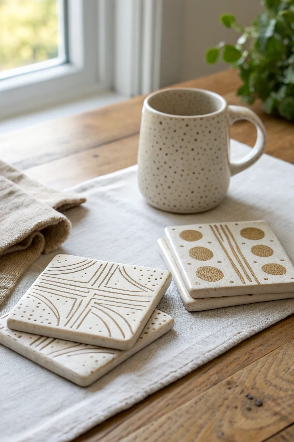 Stamped ceramic coasters in soft neutrals, a simple DIY set that elevates any coffee moment