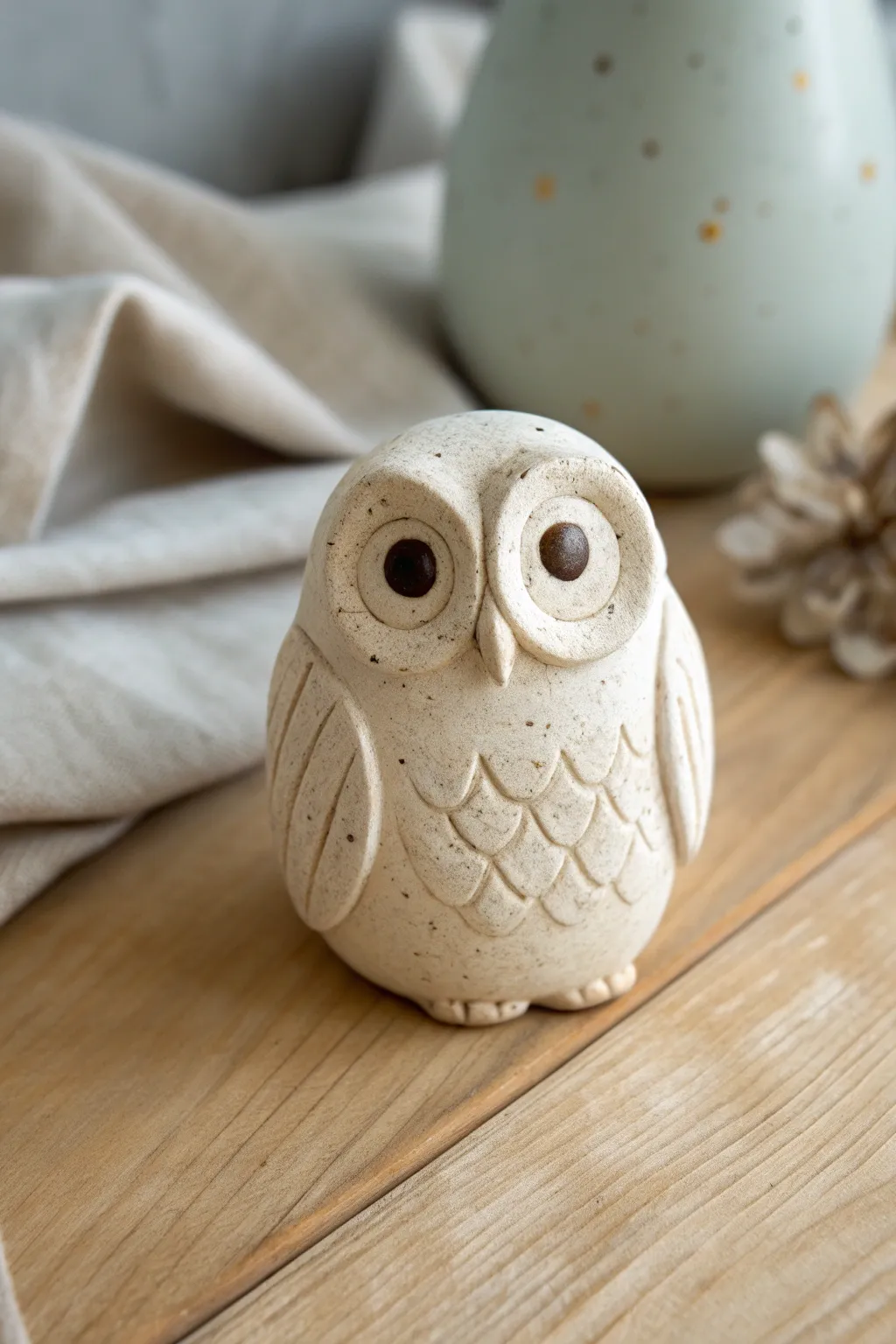 Mini clay owl with big eyes in a simple Scandi-boho style, cute and easy to make