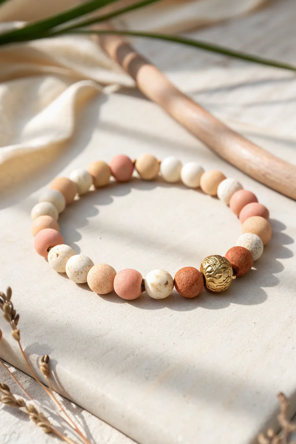 Simple stretchy clay bead bracelet with one brass center charm, minimalist Scandinavian boho vibe.