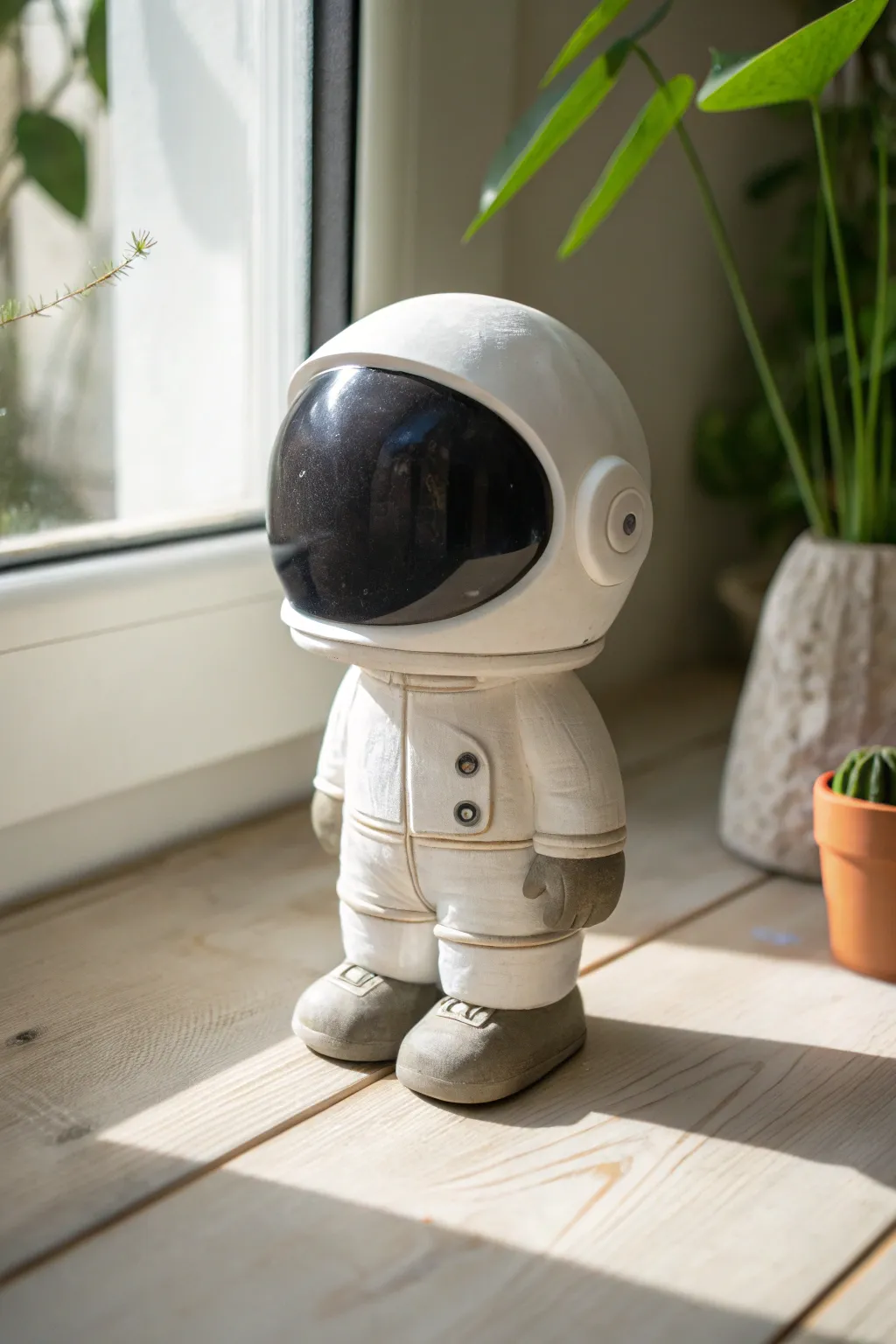 Mini astronaut clay bobblehead with a smooth helmet and bold visor, simple and adorable