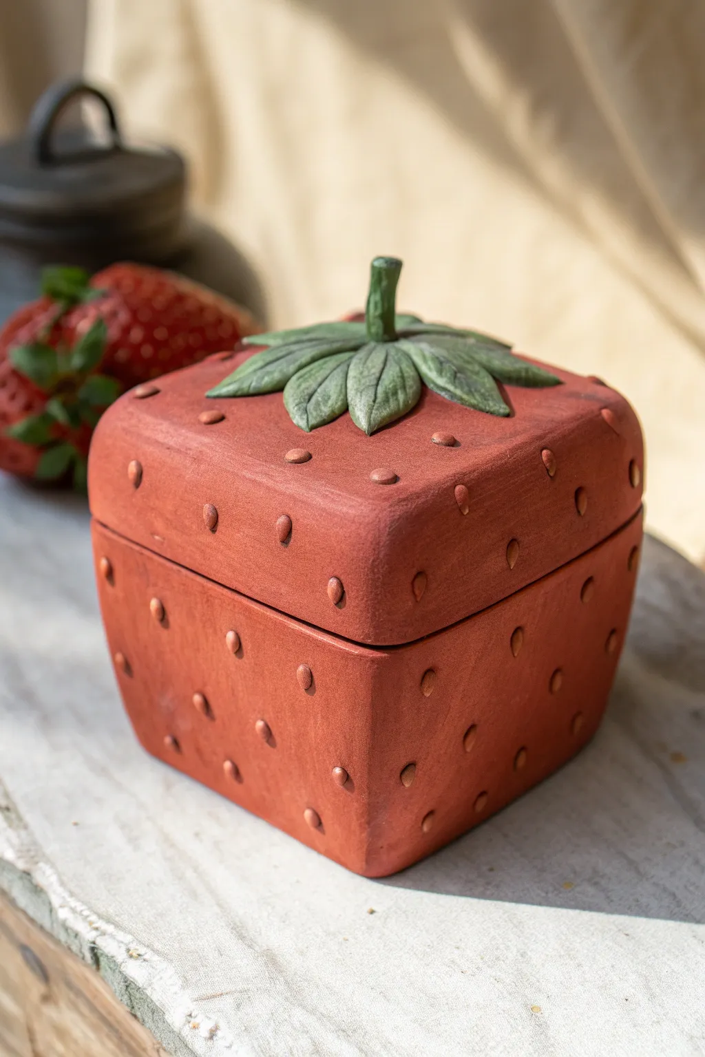 Strawberry-inspired clay box with leafy lid handle, minimalist, playful, and beautifully handmade.