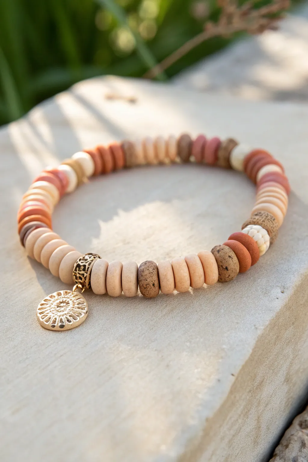 Minimal clay heishi stretch bracelet with a single centered charm focal, soft neutrals and clean style