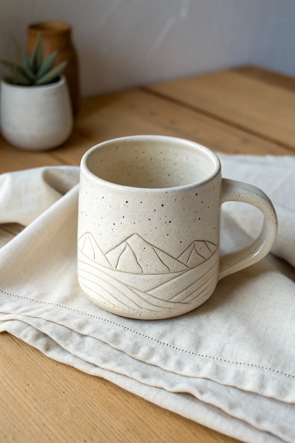 Minimal carved mountain horizon mug with calm negative space and soft Scandinavian light.