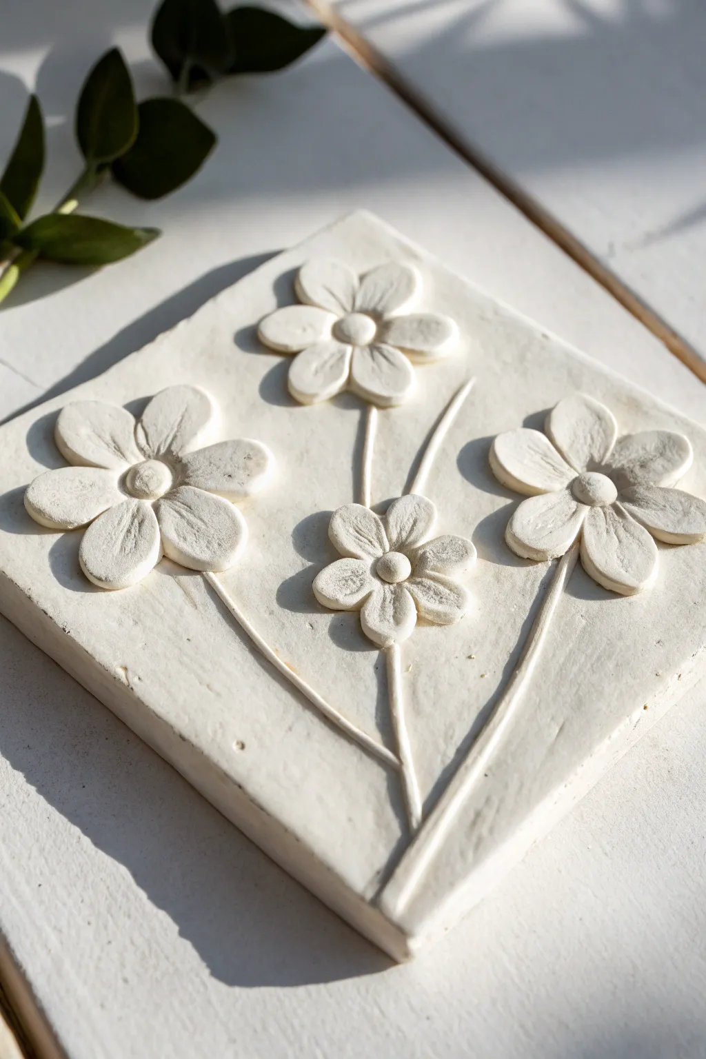 Minimal white relief flowers on a clay tile, crisp petals and soft shadows for calm ceramic decor.