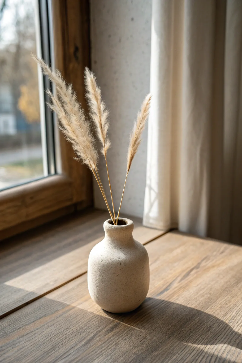 Tiny minimalist bud vase with a single dried stem, soft neutral tones and calm boho styling