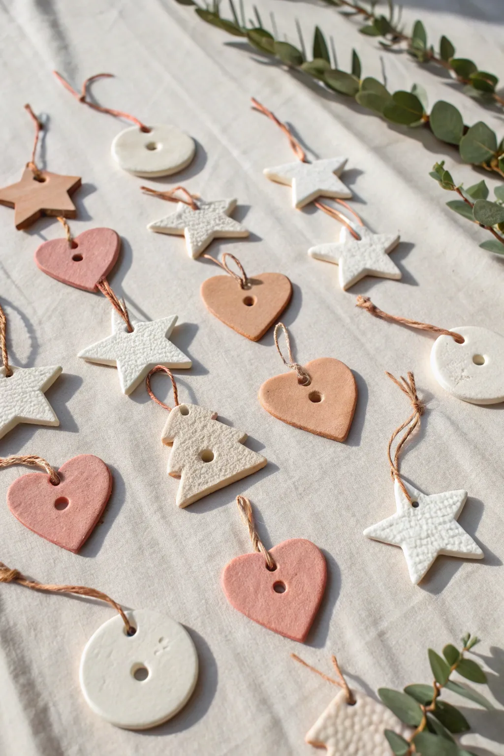 Simple cookie cutter clay ornaments in a calm grid layout, perfect for easy kid friendly crafting