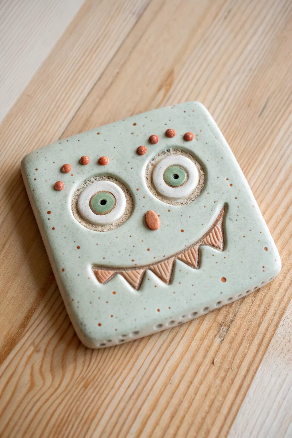Goofy monster face clay tile with big eyes and simple textures in a clean, airy minimalist style