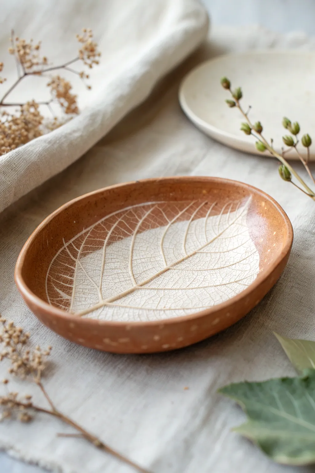 Leaf-imprint mini dish in warm clay with a soft wash that highlights every delicate vein.