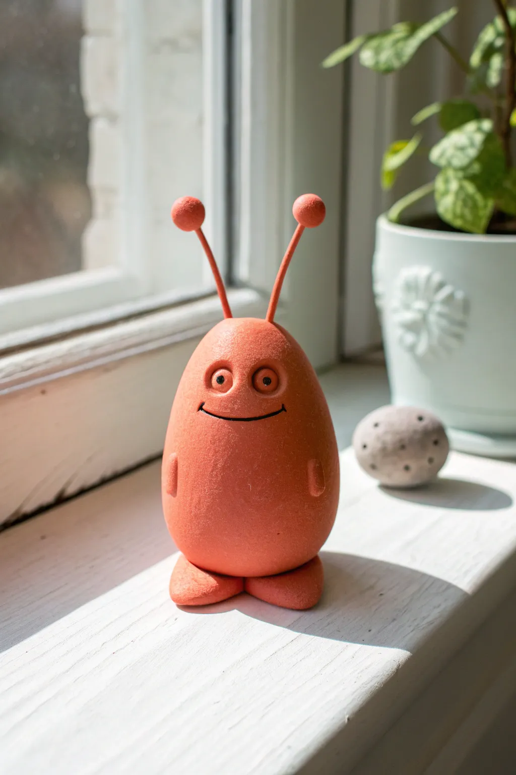 Cute antenna-bobble clay monster in bright color, simple shapes, perfect for easy DIY fun.