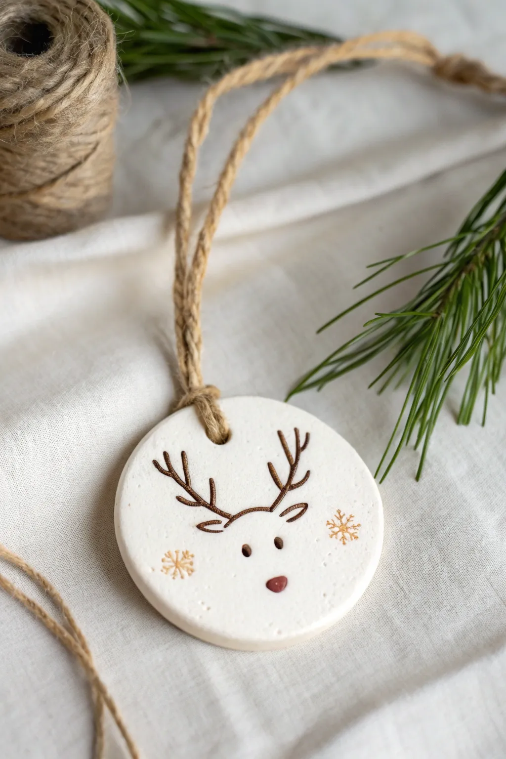 Simple thumbprint reindeer ornament in matte clay, minimalist and cozy for easy holiday crafting