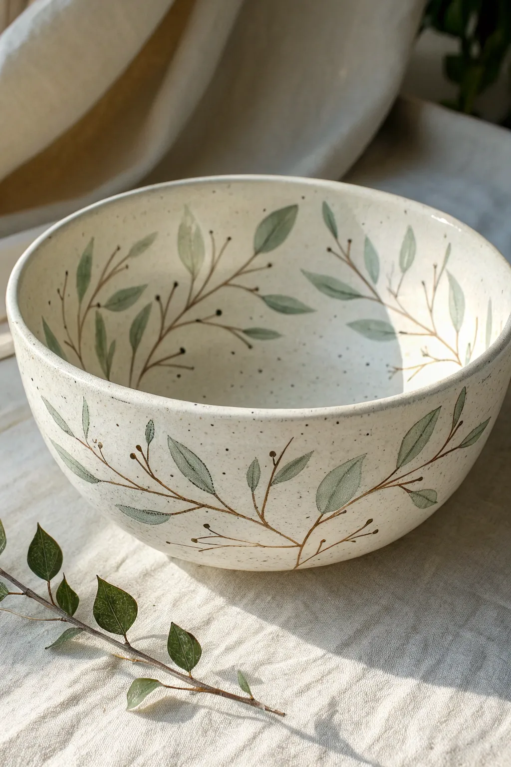 Minimal one-stroke leafy branches on a matte ceramic bowl for an easy, calming botanical look.