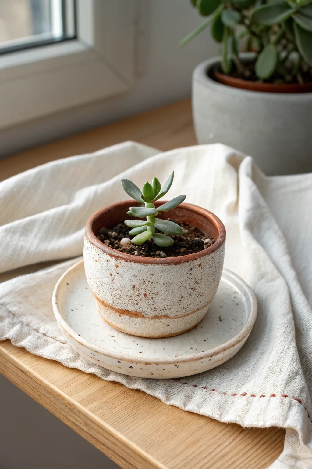 Mini clay planter and matching saucer with a tiny succulent, simple, natural, and charmingly imperfect.