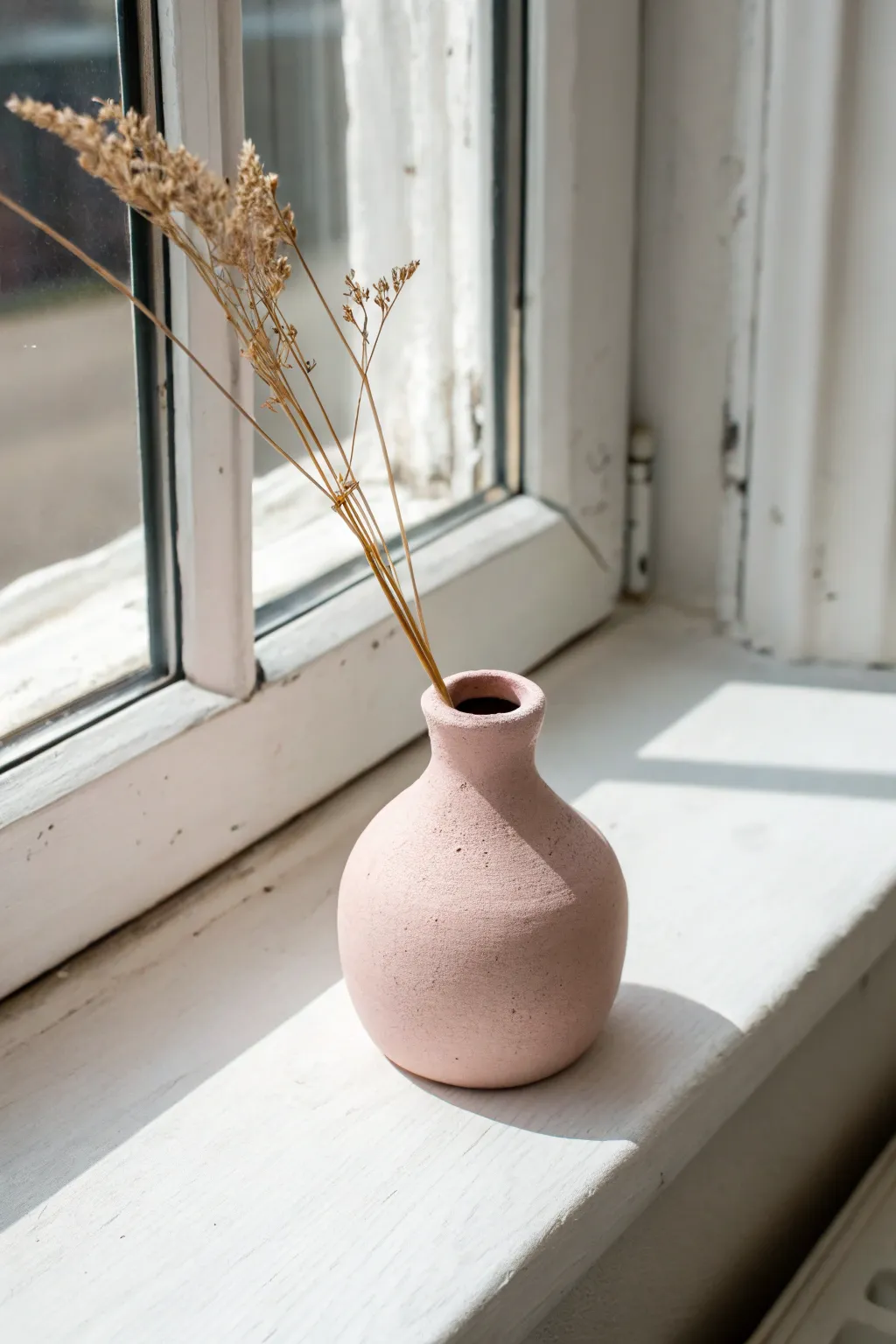 Tiny air-dry clay bud vase in matte blush, styled with one dried stem on a bright sill.