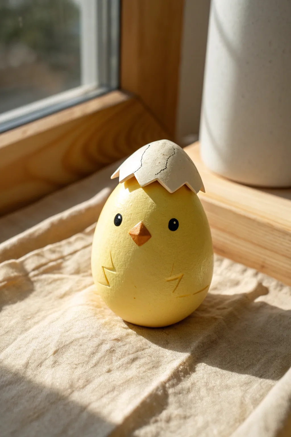 Sweet chick-in-egg clay rattle with minimalist charm, perfect for a cute DIY gift.