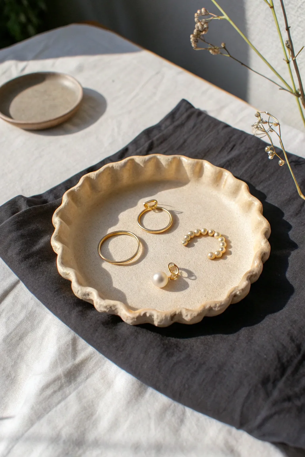 Wavy-edge clay jewelry tray in soft ivory, a simple beginner project with stylish function.