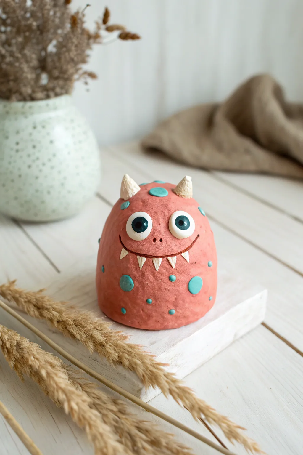 Cute imperfect clay monster head, simple to sculpt, playful color pop for your minimalist shelf.