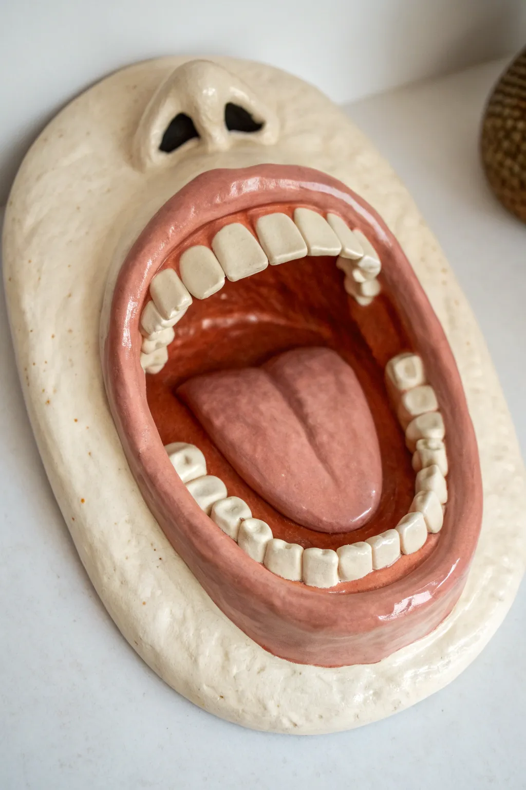 Minimalist monster mouth wall plaque with bold contrast glaze and charming handmade texture