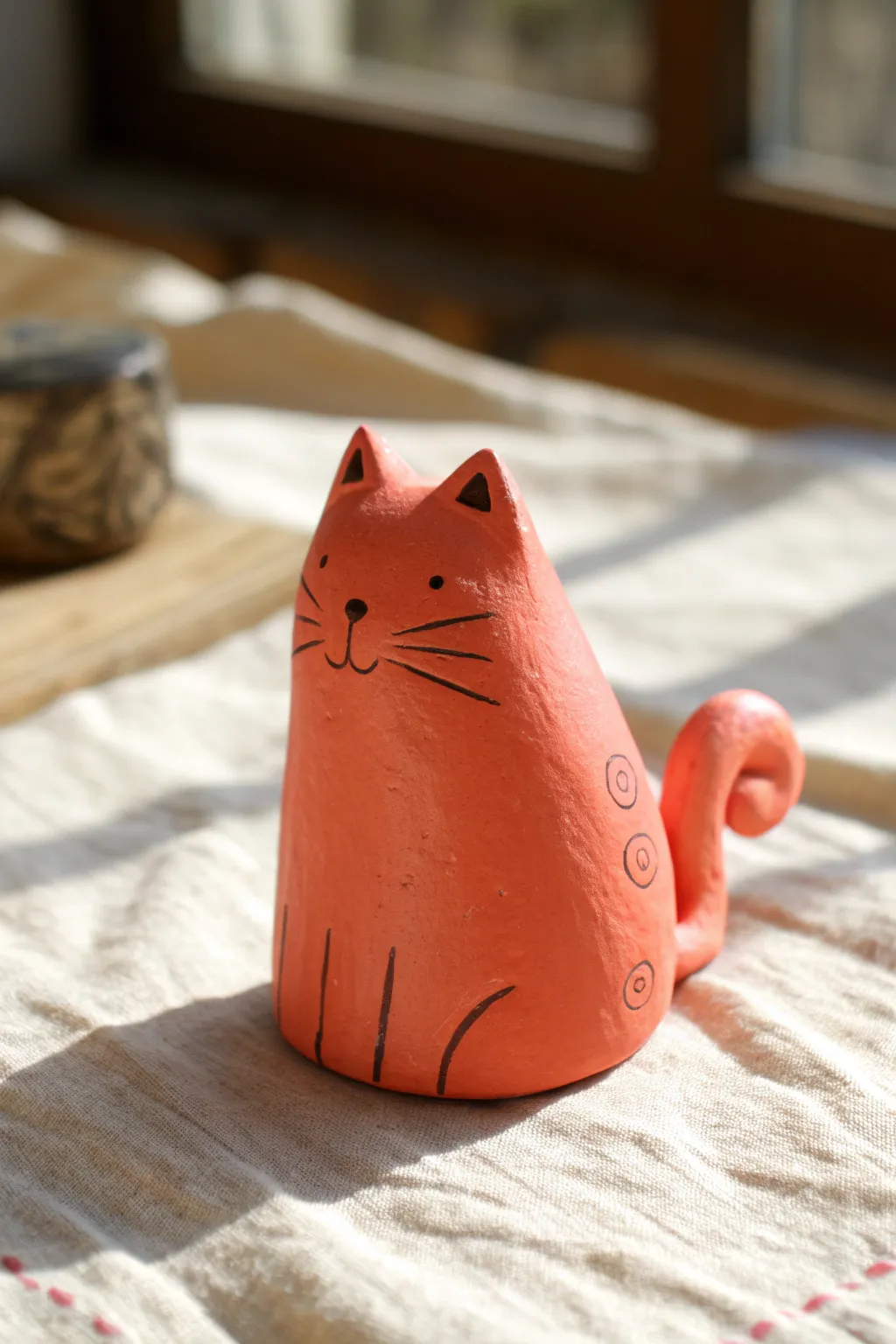 Sweet pocket-size clay cat with triangle ears, a perfect minimalist sculpture idea for kids.