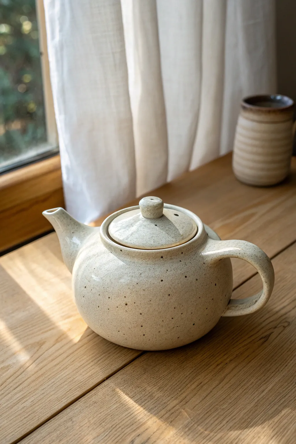 Squat, low-drip teapot with a short upward spout in calm Scandinavian-boho pottery style.