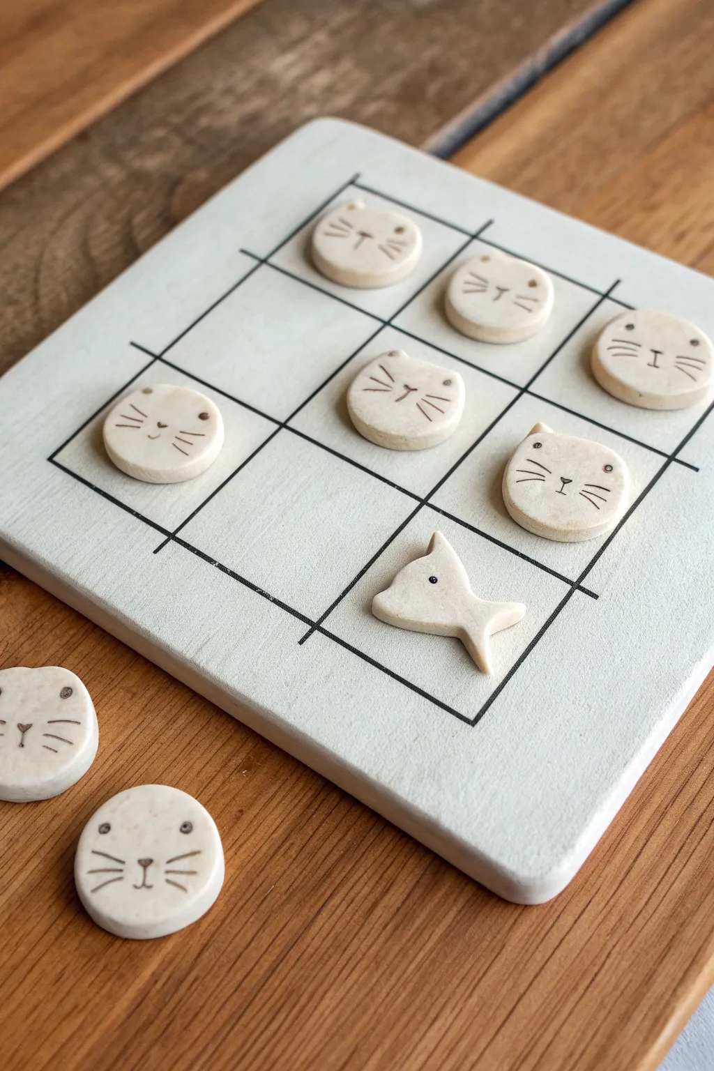 Minimal clay tic tac toe board with chunky cat faces vs fish pieces, clean grid and cozy neutrals.