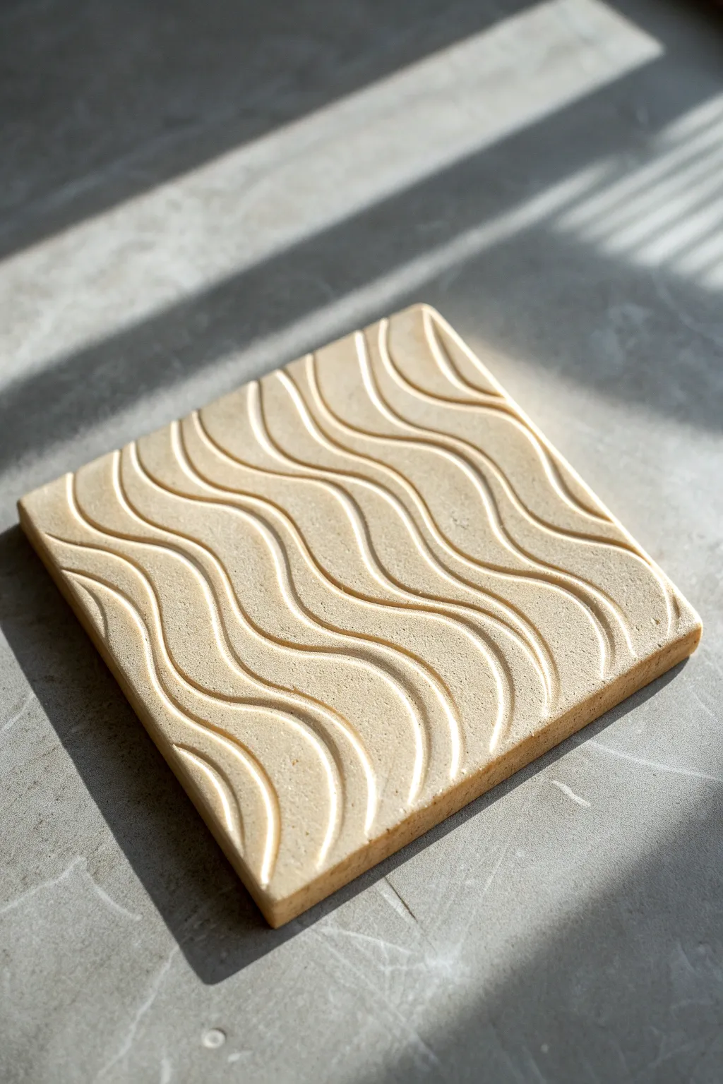 Soft wavy water-ripple clay tile in side light, minimalist texture for easy DIY charm.