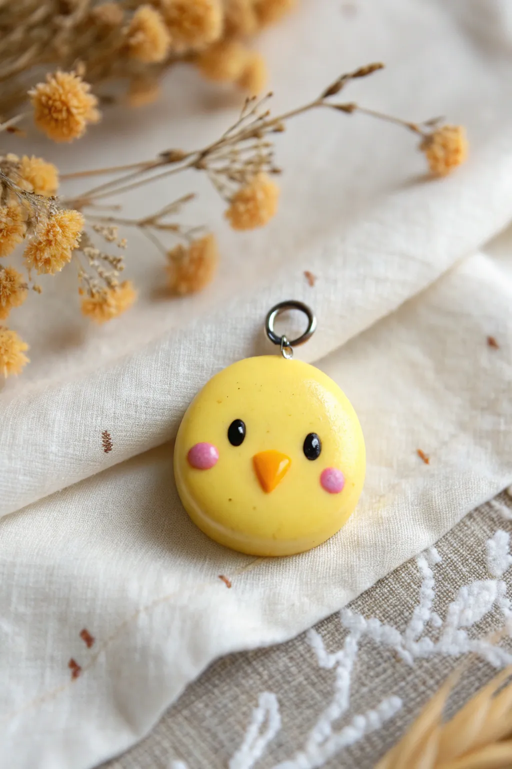 Round yellow chick charm with blush cheeks, minimalist spring styling, cute polymer clay idea.
