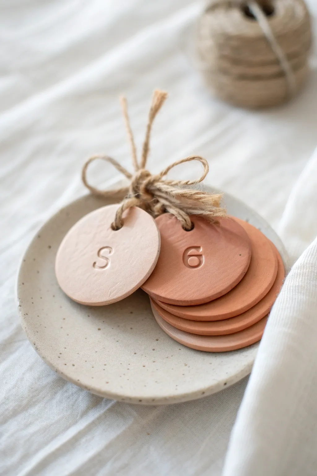 Minimal dry clay initial tags tied with twine, a simple handmade touch for gifts.