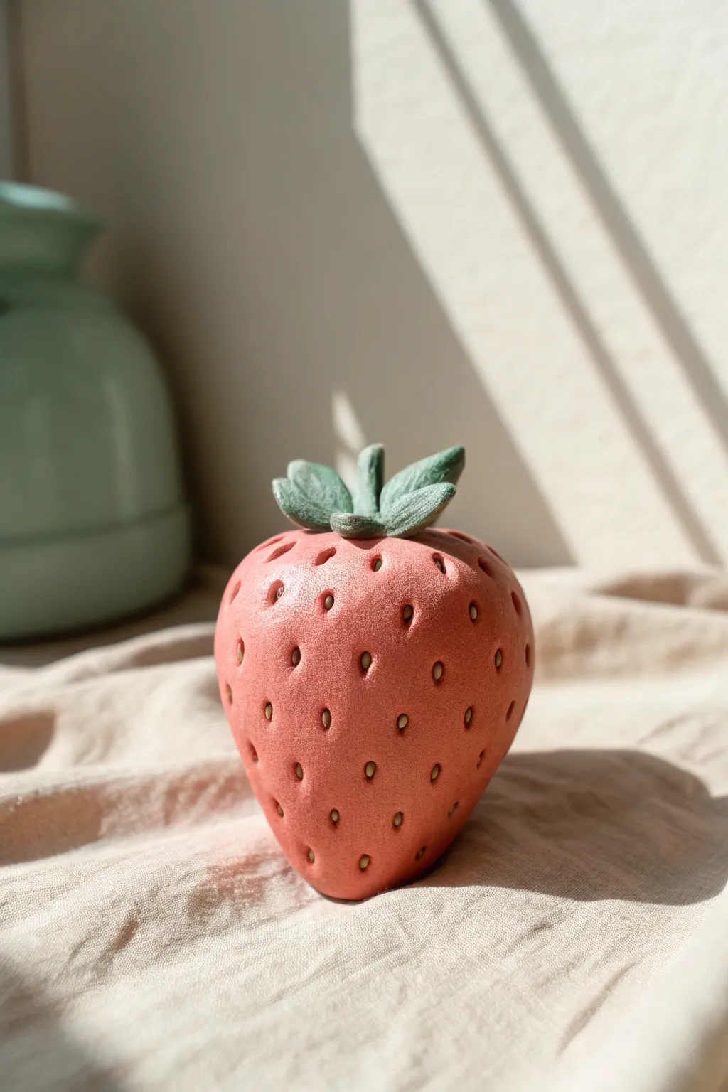 A sweet little clay strawberry with simple seed dots and a leafy top, clean and minimalist.