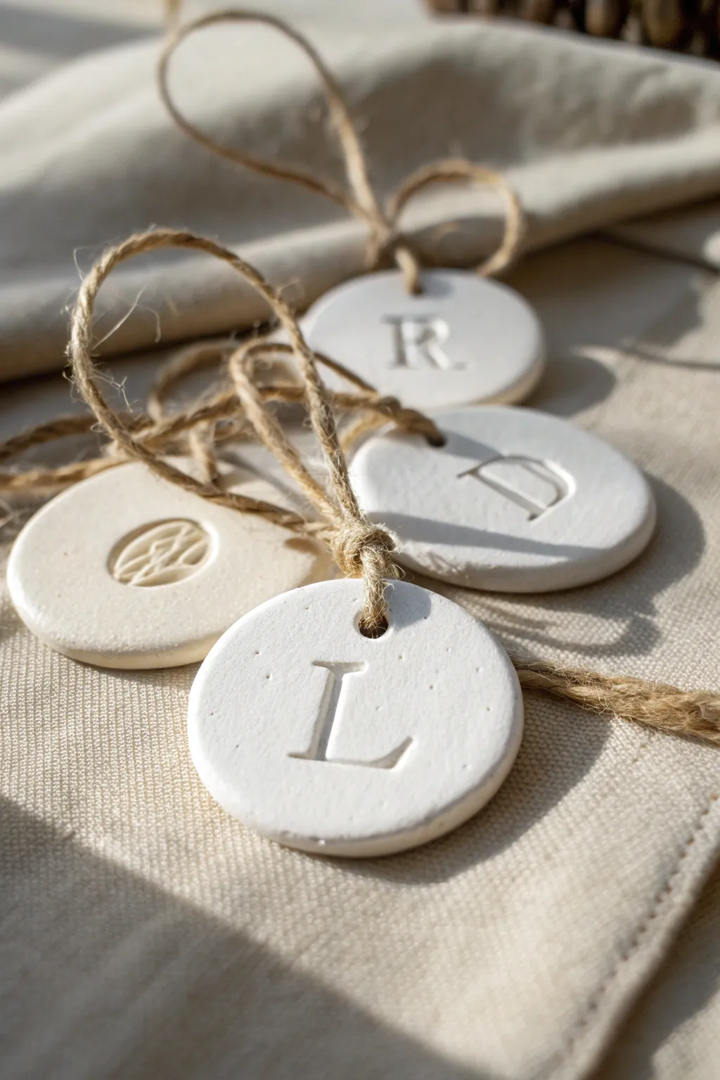 Minimal clay initial medallions with twine, styled like simple gift tags on neutral linen.