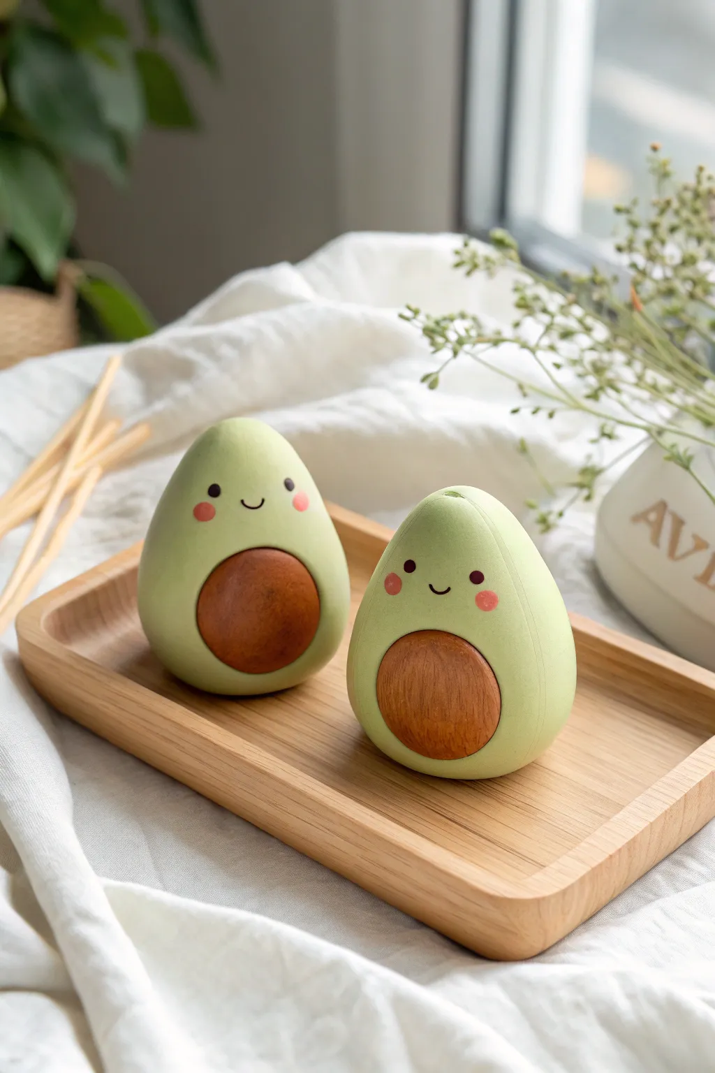 Happy avocado couple charms in minimalist boho style, an easy cute clay idea for beginners