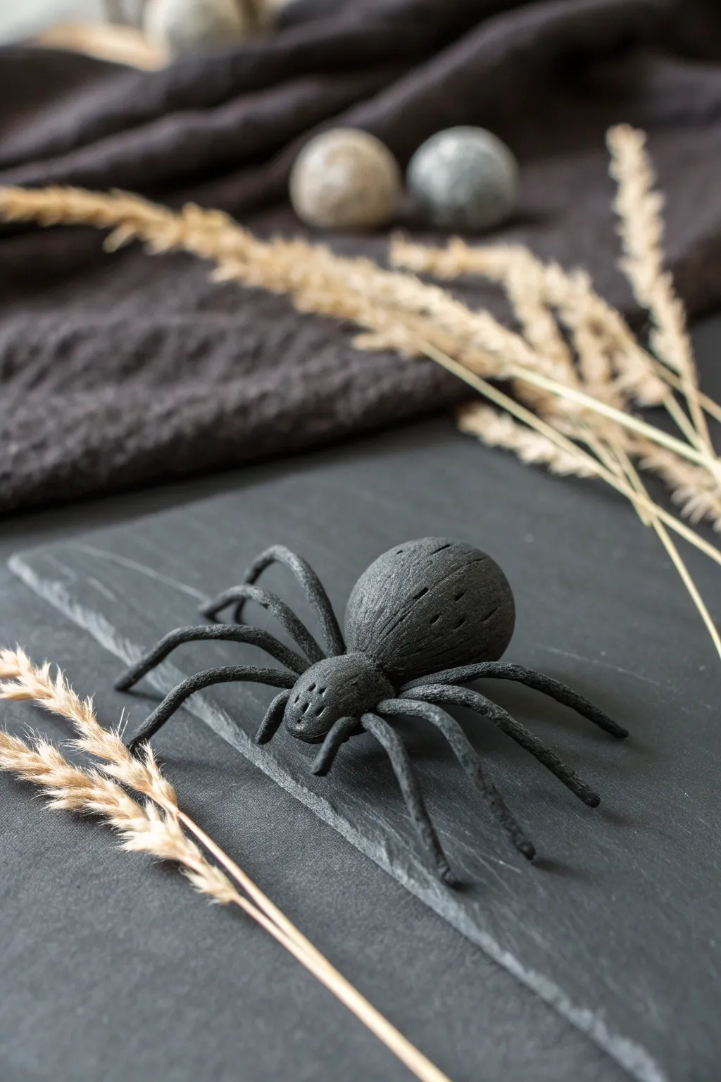 Minimal clay spider with ball body and coil legs, easy Halloween decor in a chic Nordic style