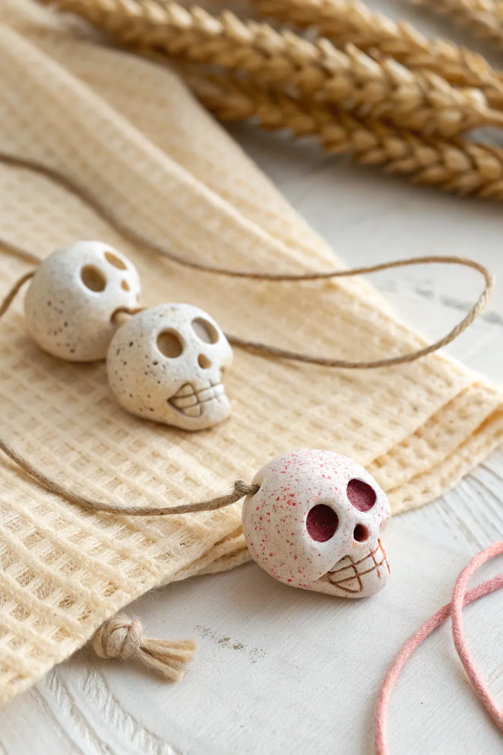 Sweet minimalist skull bead focals in soft neutrals, perfect for easy Halloween polymer clay jewelry.