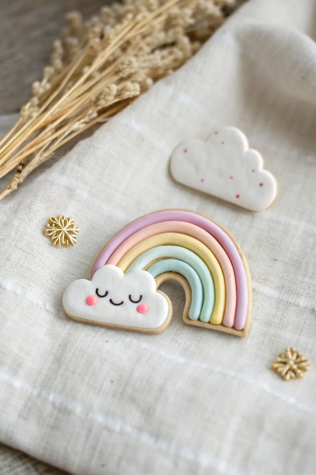 Soft kawaii cloud pin with pastel rainbow details, minimalist styling for easy clay inspo.