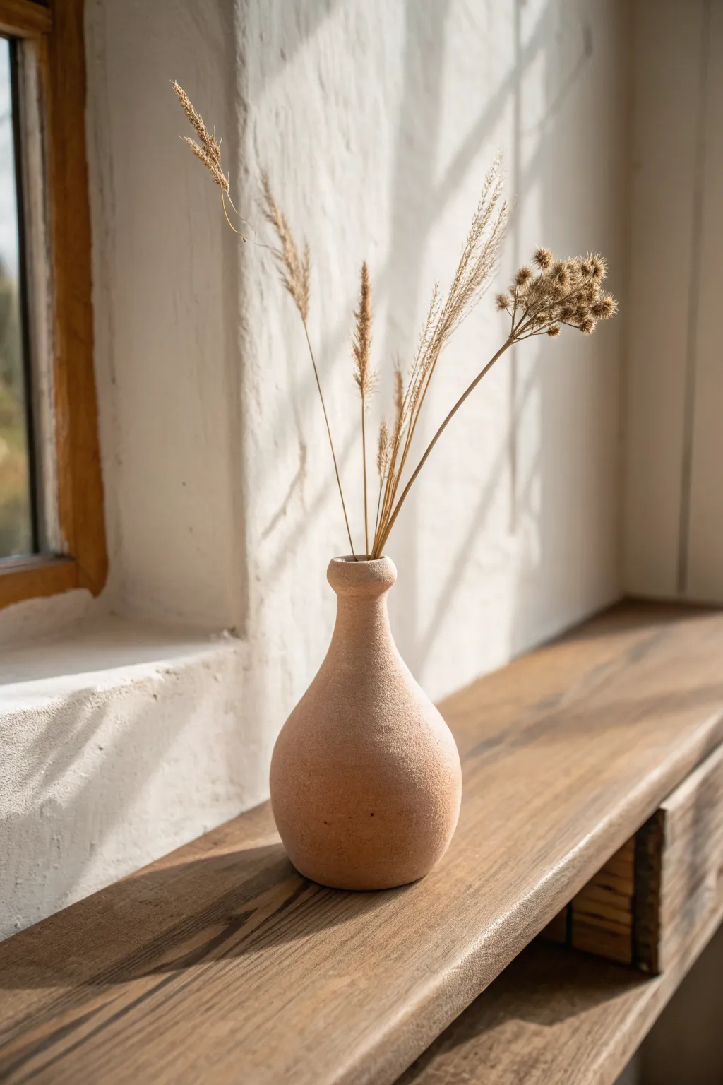 Small handmade bud vase with dried stems, matte clay finish, sunlit minimalist shelf styling.