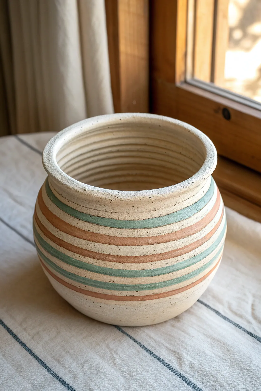 Two-tone snake coil pot with bold stripes, a simple kid-friendly clay project with cozy contrast
