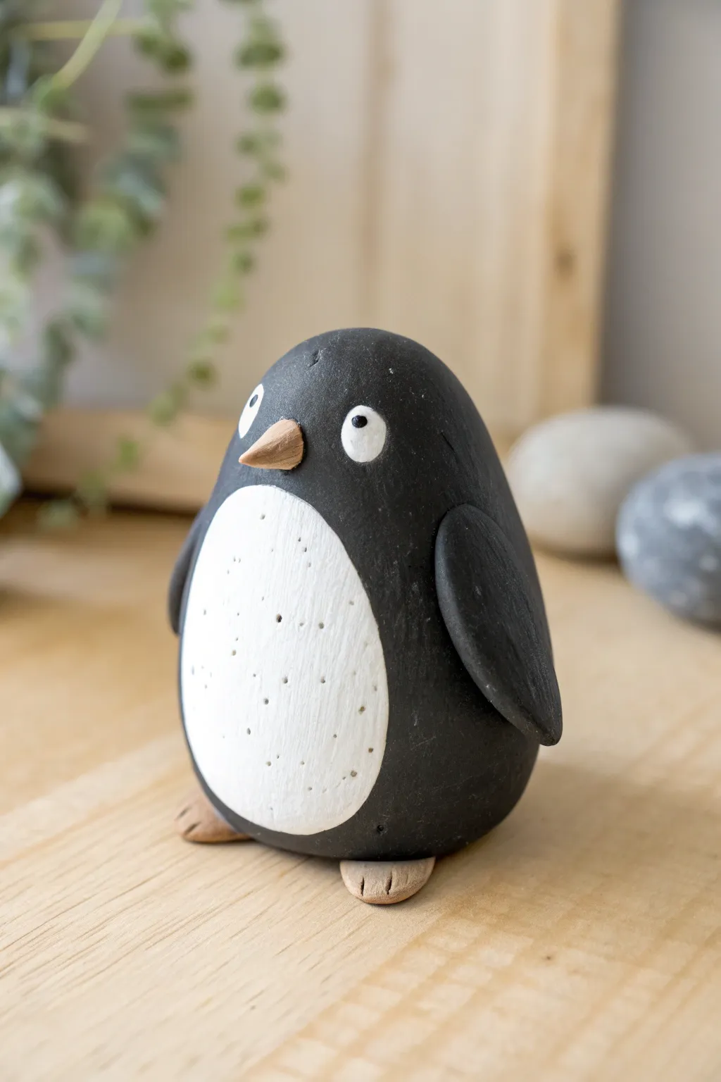 Simple round clay penguin with white belly patch, perfect beginner molding clay project