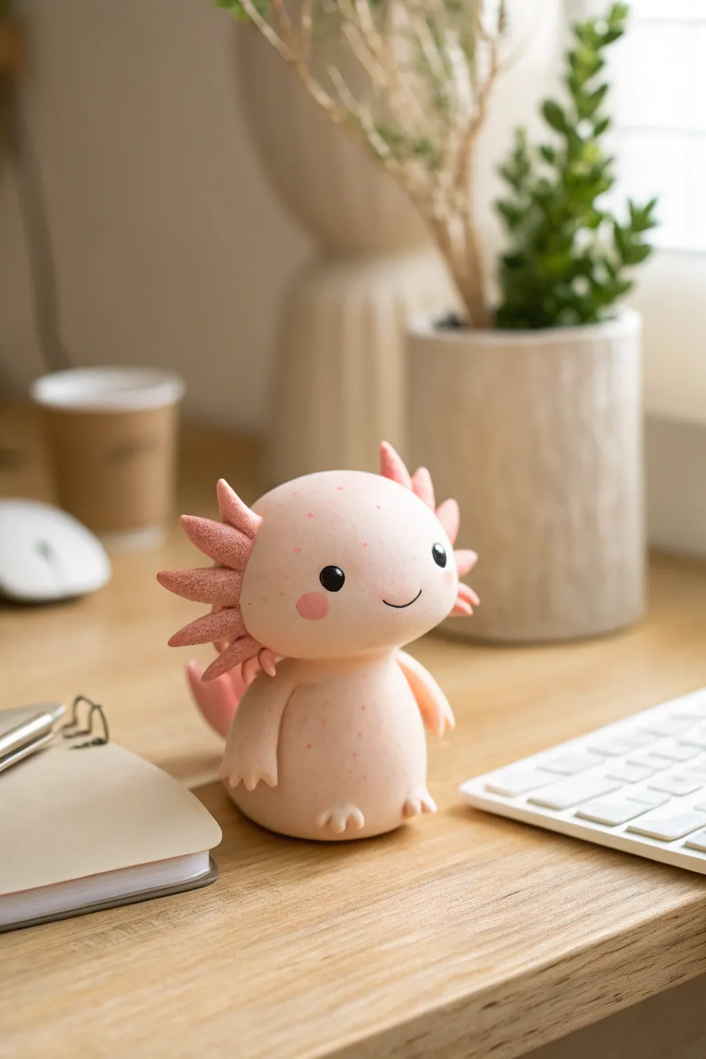 Cute axolotl blob figurine with pink frills, a simple clay desk buddy for Pinterest-ready smiles.
